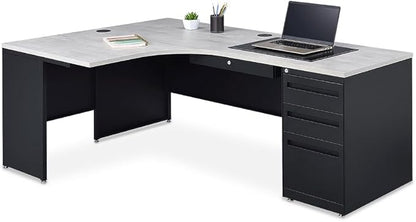 NBF Carbon L Shaped Executive Office Desk - Durable Laminate Computer Desk with 3 Drawers Pedestal - Modern Desk with Storage and File Cabinet - 72" W x 48" D Office Work Desk (Gray, Maple)