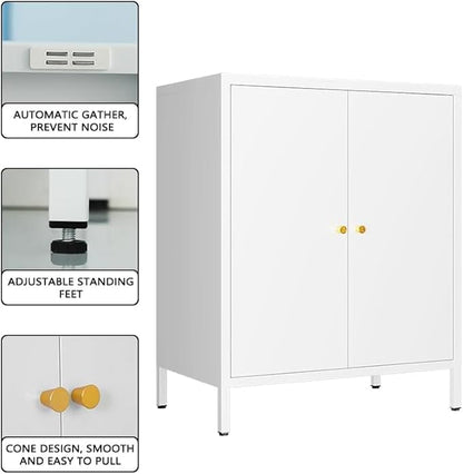 White Metal Storage Cabinet, 2 Door Locker Cabinets with Adjustable Shelves, Side Table Storage with Doors,Bathroom Furniture for Small Spaces,Home,Office,Kitchen,Dining Room