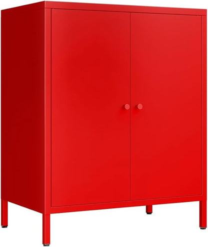 Red 2 Tier Metal Storage Cabinet with Legs, 2 Door Storage Cabinet with Adjustable Shelf, Storage Side Table, Small Accent Cabinet for Home, Office, Entryway, Kitchen,Bathroom,Dining Room