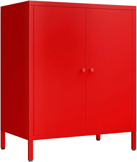 Red 2 Tier Metal Storage Cabinet with Legs, 2 Door Storage Cabinet with Adjustable Shelf, Storage Side Table, Small Accent Cabinet for Home, Office, Entryway, Kitchen,Bathroom,Dining Room