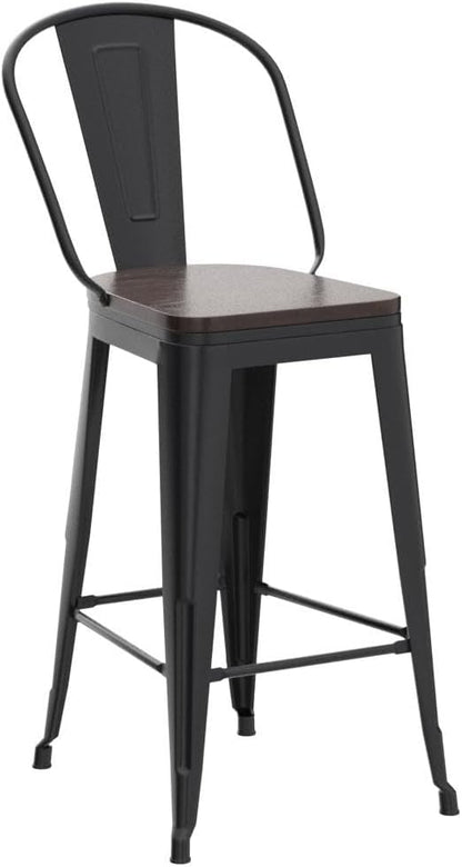 Aklaus Swivel Metal Bar Stools Set of 4 Counter Height Stools Counter Bar Stools with Back Swivel Metal Bar Chairs Wooded Seat 30 Inch Matte Black Barstools