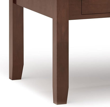 SIMPLIHOME Artisan Coffee Lift Top Table - 46 inch Wide Solid Wood Contemporary Cocktail Table in Russet Brown, Living Room with Hidden Storage Compartment, Open Shelf, and Square Knobs