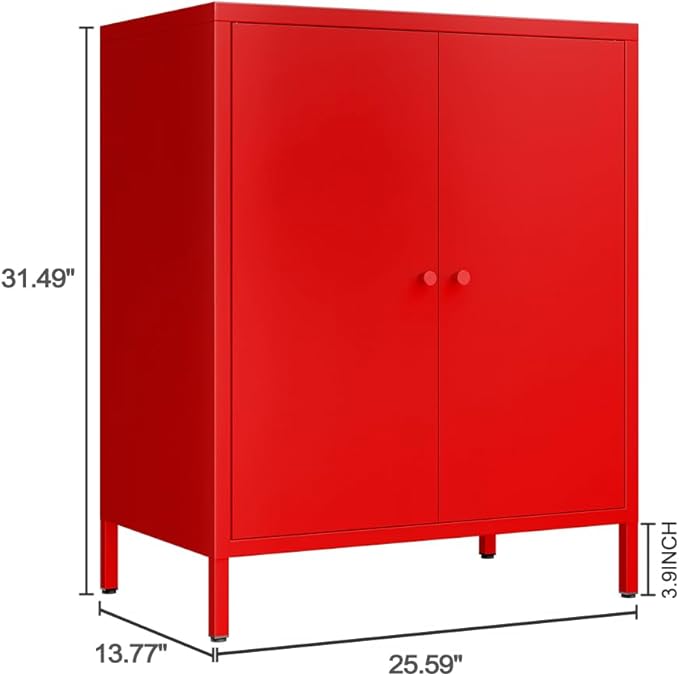 Red 2 Tier Metal Storage Cabinet with Legs, 2 Door Storage Cabinet with Adjustable Shelf, Storage Side Table, Small Accent Cabinet for Home, Office, Entryway, Kitchen,Bathroom,Dining Room