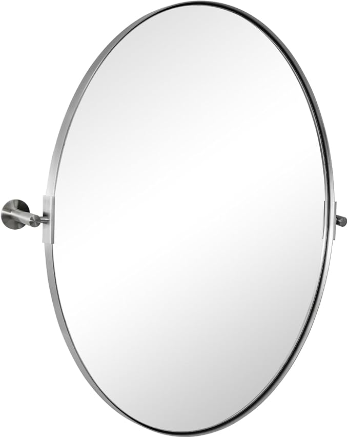 ANDY STAR Brushed Nickel Bathroom Mirror, 24 x 32 Inch Oval Pivot Mirror for Wall, Unique Farmhouse Tilt Mirror in Slim Silver Stainless Steel Metal Frame for Bedroom, Powder Room
