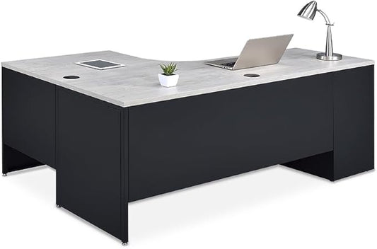 nbf signature series Carbon L Shaped Desk with 2-Drawer Pedestal and Right Return 72" Wx48 D Ergonomic Office Desk for Working PC and Corner Desk Use in Planed Teak