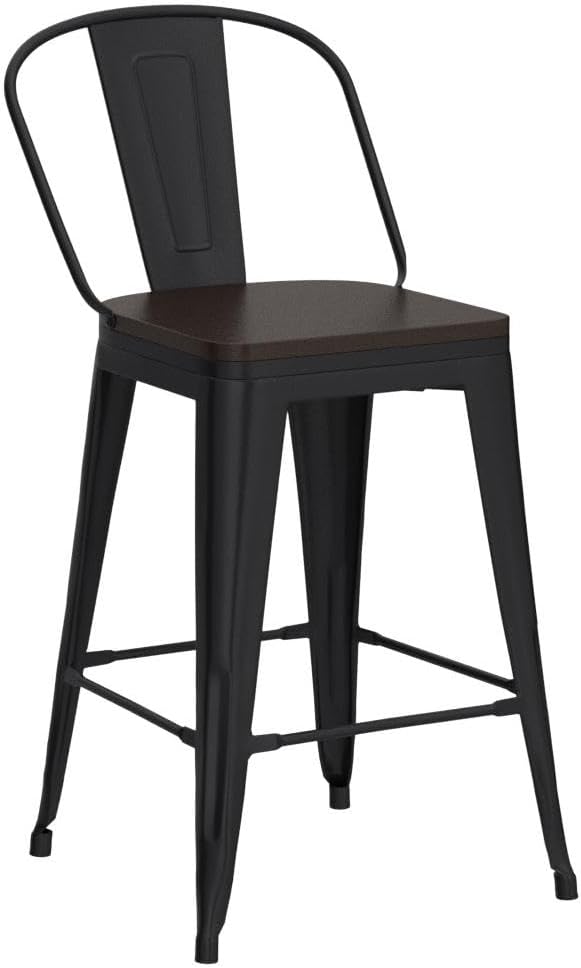 Aklaus Swivel Metal Bar Stools Set of 4 Counter Height Stools Counter Bar Stools with Back Swivel Metal Bar Chairs Wooded Seat 26 Inch Matte Black barstools