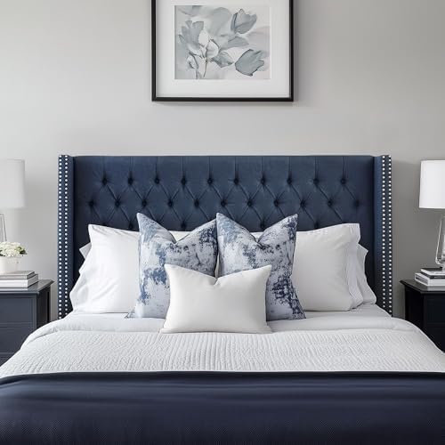 Madison Park Queen Button Tufted Headboard, Adjustable Upholstered Transitional Wingback Headboard, Nailhead Trim, Wooden Frame, Black Metal Legs, Flush Flat Back, Vintage Bedroom Décor Amelia - Navy