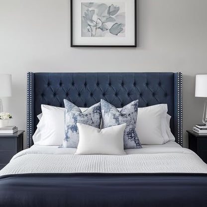Madison Park Queen Button Tufted Headboard, Adjustable Upholstered Transitional Wingback Headboard, Nailhead Trim, Wooden Frame, Black Metal Legs, Flush Flat Back, Vintage Bedroom Décor Amelia - Navy