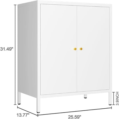 White Metal Storage Cabinet, 2 Door Locker Cabinets with Adjustable Shelves, Side Table Storage with Doors,Bathroom Furniture for Small Spaces,Home,Office,Kitchen,Dining Room