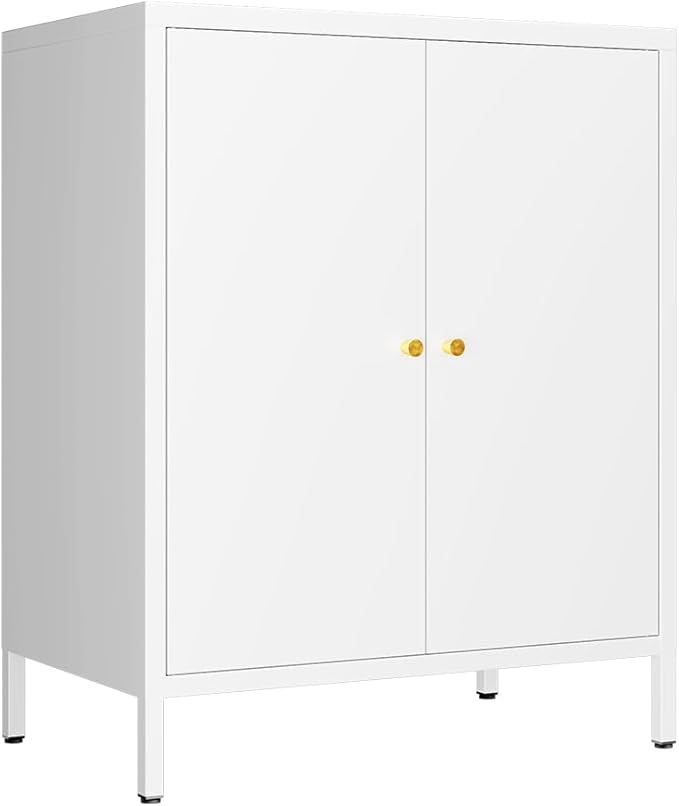 White Metal Storage Cabinet, 2 Door Locker Cabinets with Adjustable Shelves, Side Table Storage with Doors,Bathroom Furniture for Small Spaces,Home,Office,Kitchen,Dining Room