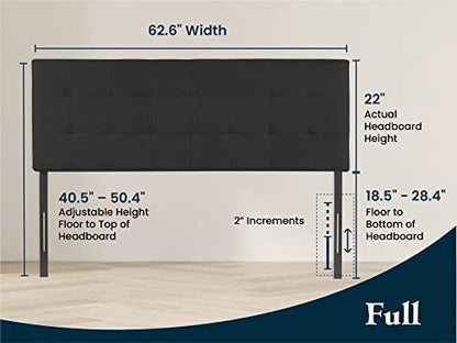 Naomi Home Jessenia Full Size Bed Headboard, Square Tufted, White Linen Fabric, Height Adjustable 42"-52", Metal Legs, Wall/Bed Mount