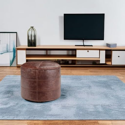 SIMPLIHOME Connor Boho Round Pouf in Distressed Brown Genuine Leather for the Living Room, Bedroom and Kids Room