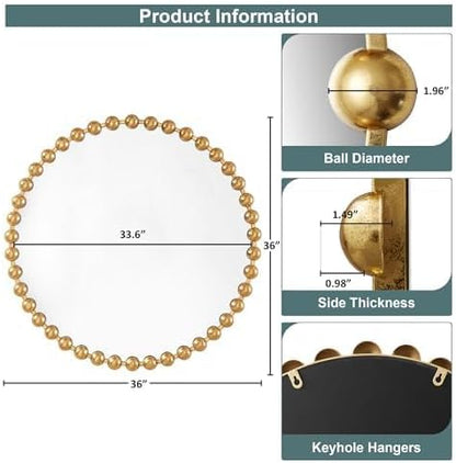 Madison Park Round Mirror, Metal Frame Circle Mirror 36 inch, Wall Art Decor Mounted Hanging for Entryway, Bathroom, hallway, Living Room, Vanity, Marlowe, Gold
