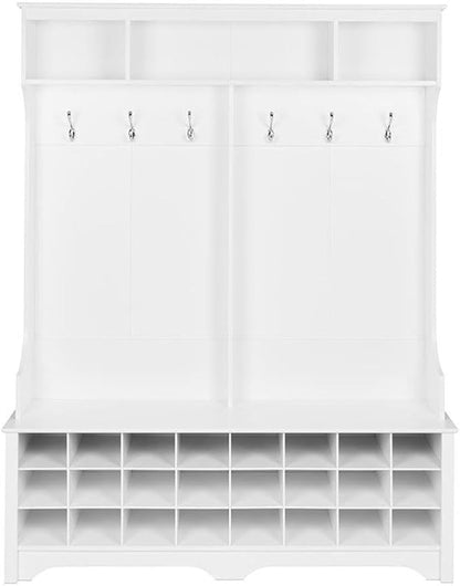 Prepac White Hall Tree, Shoe Cabinet, Storage Cabinet with 24 Shoe Cubbies and 6 Double Coat Hooks 15.5" D x 60" W x 77" H