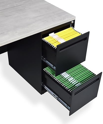 NBF Carbon L Shaped Executive Office Desk - Durable Laminate Computer Desk with 2 Drawers Pedestal - Modern Desk with Storage and File Cabinet - 72" W x 96" D Office Work Desk (Gray, Maple)