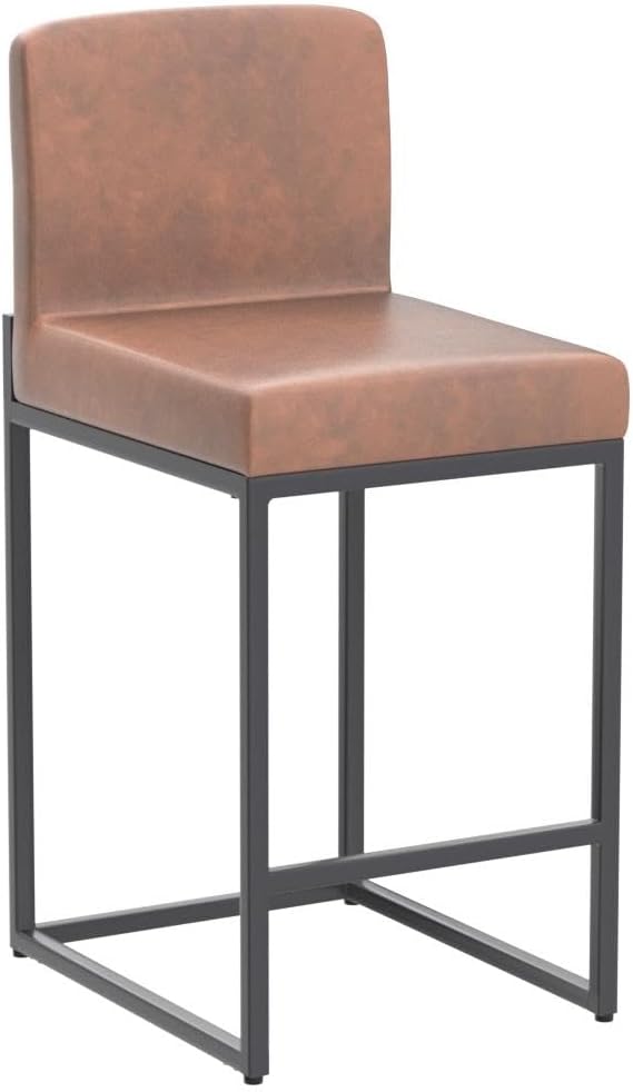 ALPHA HOME 24 Inch Bar Stools Set of 2, Kitchen Counter Stools with Backs, PU Leather Barstools, Kitchen Stools with Back&Upholstered Footrest, Sturdy Chromed Metal Steel Frame, Brown
