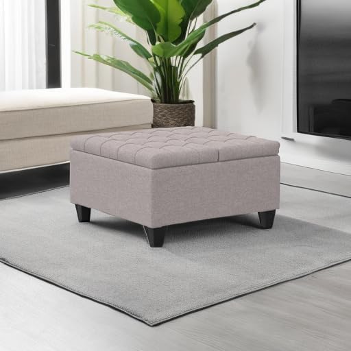 SIMPLIHOME Harrison 30 inch Wide Transitional Square Small Coffee Table Storage Ottoman in Cloud Grey , Assembled, For the Living Room and Bedroom