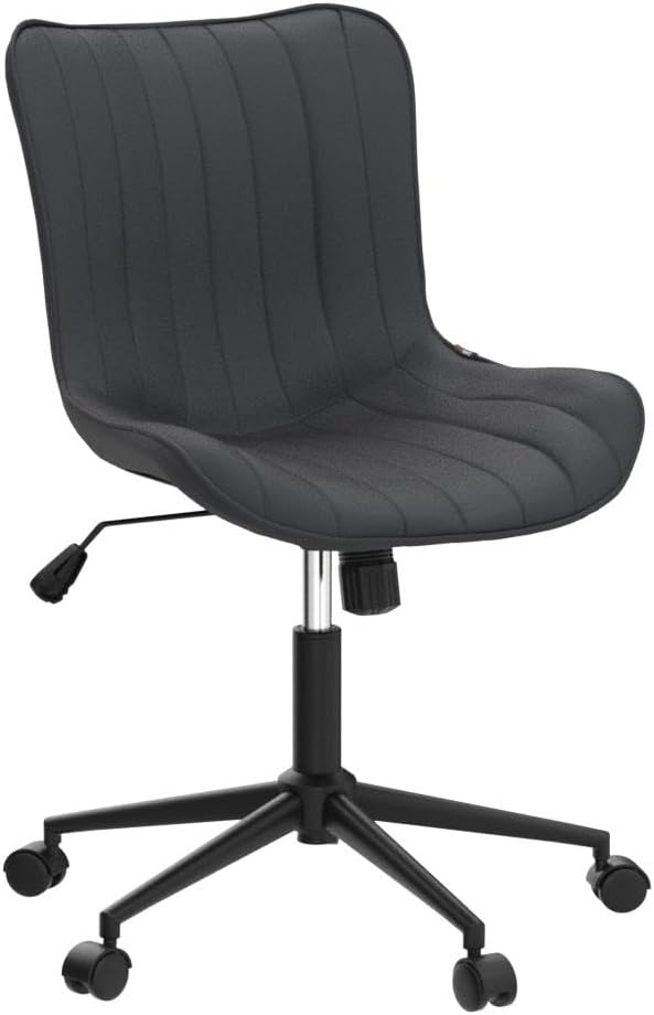 YOUNIKE Black Compact Home Office Desk Chair with Wheels Comfy Armless Cute Vanity Chair with Adjustable Rocking Back Modern Leather Upholstered Rolling Swivel Small Task Drafting Sewing Chair