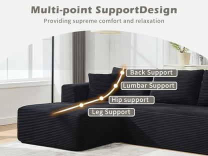 PELUMY 108.7" L-Shaped Modular Sectional Sofa with Oversized Chaise, Cloud Couch with Memory Foam, No Assembly Required Sleeper Sofa for Small Space Living Room, Apartment (Black, Corduroy)