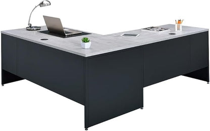 NBF Carbon L-Shaped Reversible Executive Office Desk - Durable Laminate Computer Desk with 4 Drawers Pedestal - Modern Desk with Storage and File Cabinet - Office Work Desk (66" W x 78" D, Black,Oak)
