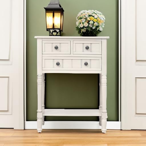 Knocbel Slim Antique Entry Console Table with Drawers & Bottom Open Shelf, Solid Wood Sofa Couch Table for Entryway Hallway Living Room (Ivory White)