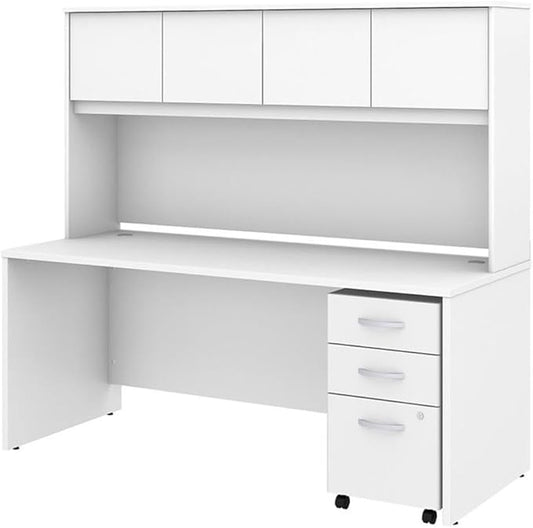 Pemberly Row 72W Office Desk with Hutch and Drawers in White - Engineered Wood