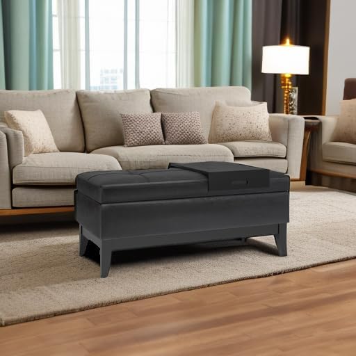 SIMPLIHOME Oregon 42 inch Wide Transitional Rectangle Storage Ottoman Bench with Tray in Distressed Black Vegan Faux Leather, Assembled, For the Living Room, Entryway and Family Room