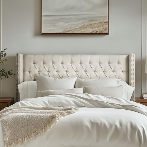 Madison Park Amelia Upholstered Headboard | Nail Head Trim Wingback Button Tufted | King, Cream