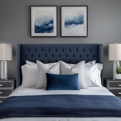 Madison Park Queen Button Tufted Headboard, Adjustable Upholstered Transitional Wingback Headboard, Nailhead Trim, Wooden Frame, Black Metal Legs, Flush Flat Back, Vintage Bedroom Décor Amelia - Navy