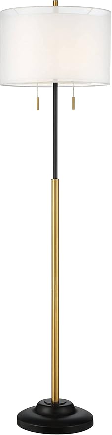 Possini Euro Design Roxie Modern Glam Floor Standing Lamp 65.5" Tall Sleek Brass Black Metal Double Layer Linen and Sheer Drum Shade Decor for Living Room Reading House Bedroom Home