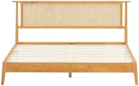 NTC Ruby Wooden Bed Frame with Headboard and Natural Rattan, Solid Oak/Rubber Wood Foundation with Silent Slats, 1000 Lb Capacity, Effortless Assembly - King - Rustic Oak