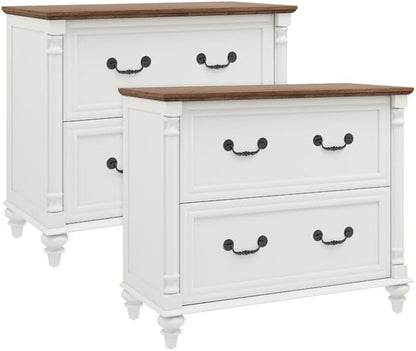 Lateral File Cabinet 2 Drawers Farmhouse File Cabinet Set of 2 for Letter/A4/Legal Size Hanging Files, Large Rustic White Storage Cabinets Printer Stand with 4 Solid Wood Feet &Column Decor for Office