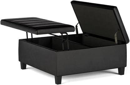 SIMPLIHOME Ellis 36 inch Wide Contemporary Square Coffee Table Storage Ottoman in Distressed Black Vegan Faux Leather, Assembled, for The Living Room and Bedroom