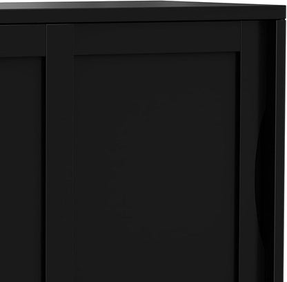 SIMPLIHOME Harper Storage Cabinet - 30 inch Wide Solid Hardwood 2-Shelf Low Console Cabinet in Black, Mid-Century Modern Cupboard for Living Room with Sliding Doors and Adjustable Shelves