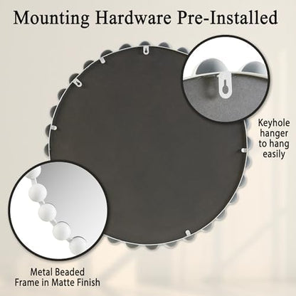 Madison Park Round Mirror, Metal Frame Circle Mirror 27 inch, Wall Art Decor Mounted Hanging for Entryway, Bathroom, Hallway, Living Room, Vanity, Marlowe, White