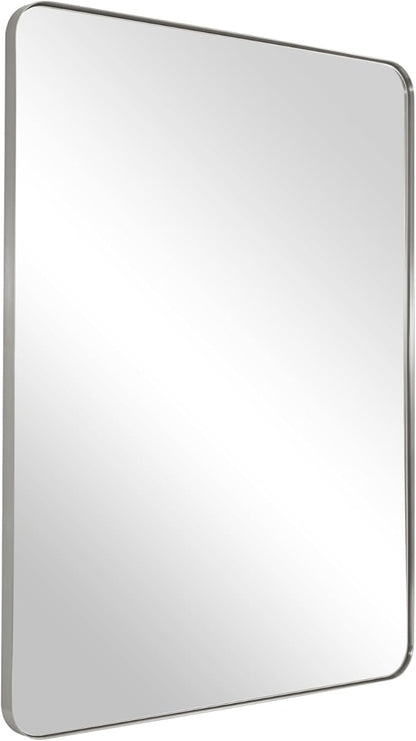 ANDY STAR Brushed Nickel Mirror for Wall, 20”x28” Silver Rectangle Bathroom Mirror, Modern Metal Mirror in Rounded Corner Stainless Steel Frame, 1’’ Deep Set Design Hangs Horizontal Or Vertical