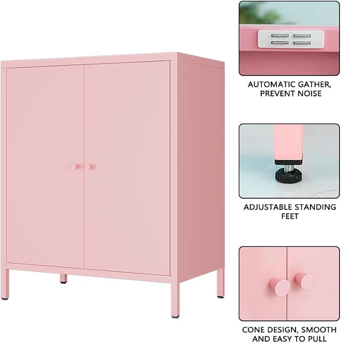 Metal storage Cabinets with 2 Doors，Small Pantry Cabinet, Storage Closet with Adjustable Shelf and High Feet, Pink Cabinet for Home, Office, Living Room,Dining Room,Sideboard, Hallway and Entryway