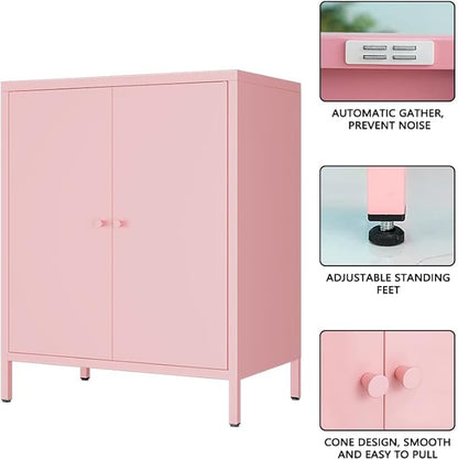 Metal storage Cabinets with 2 Doors，Small Pantry Cabinet, Storage Closet with Adjustable Shelf and High Feet, Pink Cabinet for Home, Office, Living Room,Dining Room,Sideboard, Hallway and Entryway