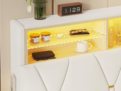 Queen Bed Frame with Storage Headboard and RGB LED Lights, Velet Upholstered Platform Bed Frame Queen Size with Type-C & USB Charging Station, Stable Easy Assembly,Creamy White