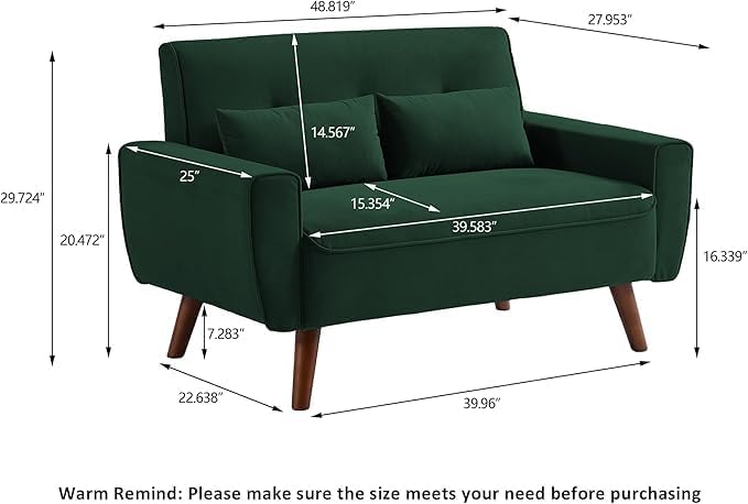48" Small Loveseat Sofa, Mid Century Modern Love Seat Couch with Back Cushions and Plastic Legs, 2 Seater Couches for Living Room, Bedroom, Small Spaces, Green