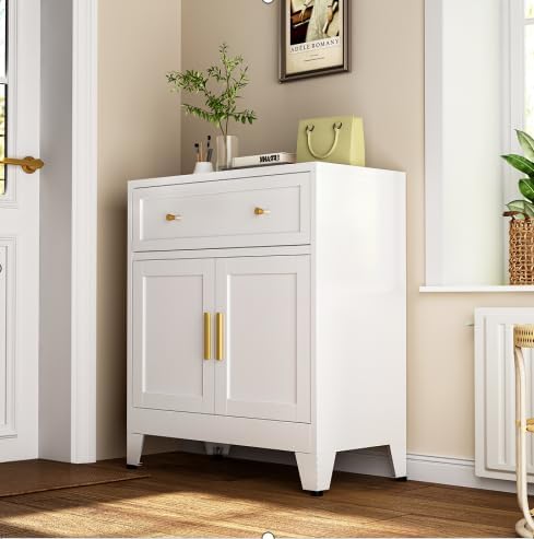 Metal Sideboard Cabinet, Small Pantry Sideboard Cabinets with 2 Doors and Adjustable Shelves, White Metal Buffet Cabinet for Kitchen Dining Room Living Room, Entryway, Bathroom,Office