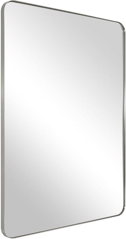 ANDY STAR Brushed Nickel Mirror for Bathroom, 22"x30" Silver Metal Frame Wall Mirror, Rectangular Stainless Steel Rounded Corner
