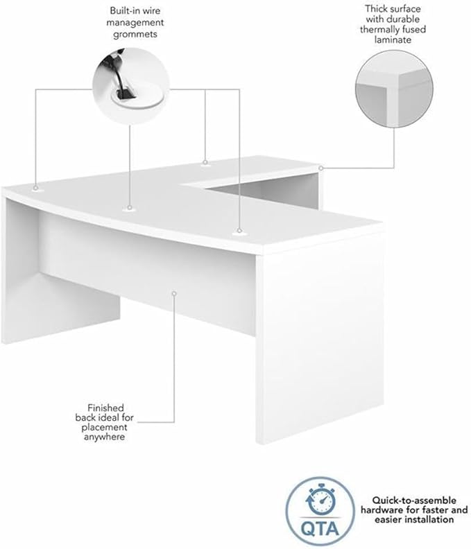Bush Furniture L Shape Desk with Wire Management | Echo Collection Corner Bow Front Table for Home Office with Quick-to-Assemble Hardware | 72Wx77Lx30H