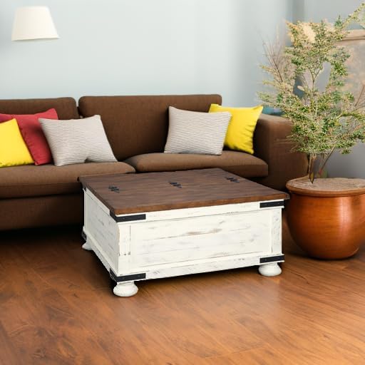 Signature Design by Ashley Wystfield Farmhouse Square Storage Coffee Table with Hinged Lift Top, Distressed White