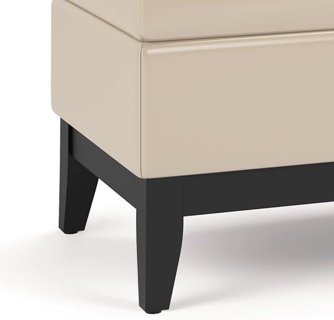 SIMPLIHOME Oregon 42 inch Wide Transitional Rectangle Storage Ottoman Bench with Tray in Satin Cream Vegan Faux Leather, Assembled, For the Living Room, Entryway and Family Room