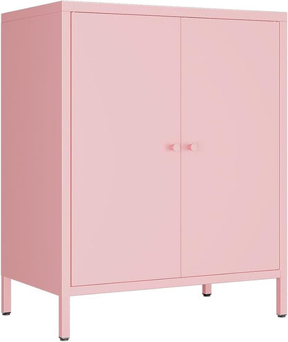 Metal storage Cabinets with 2 Doors，Small Pantry Cabinet, Storage Closet with Adjustable Shelf and High Feet, Pink Cabinet for Home, Office, Living Room,Dining Room,Sideboard, Hallway and Entryway