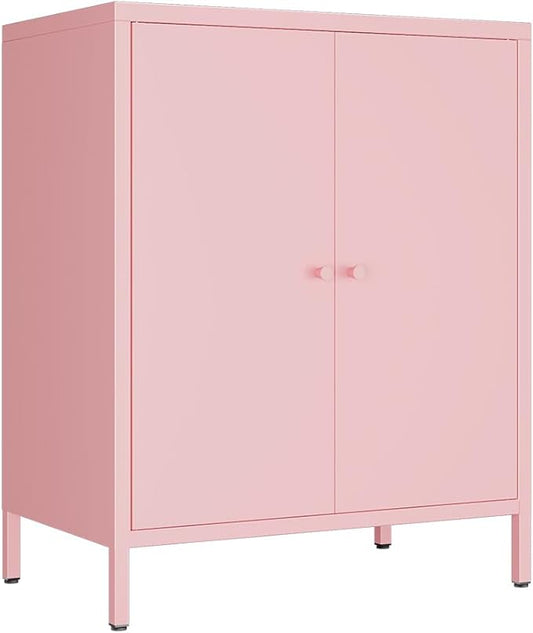 Metal storage Cabinets with 2 Doors，Small Pantry Cabinet, Storage Closet with Adjustable Shelf and High Feet, Pink Cabinet for Home, Office, Living Room,Dining Room,Sideboard, Hallway and Entryway