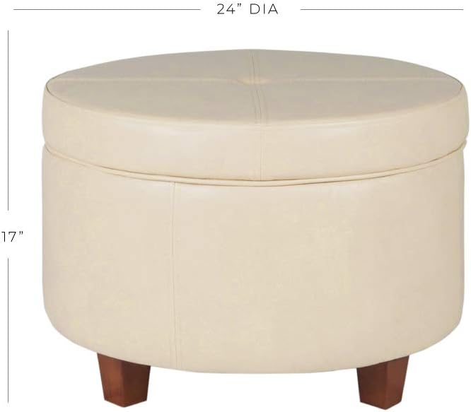 HomePop Large Leatherette Round Storage Ottoman with Removeable Lid, Cream Faux Leather