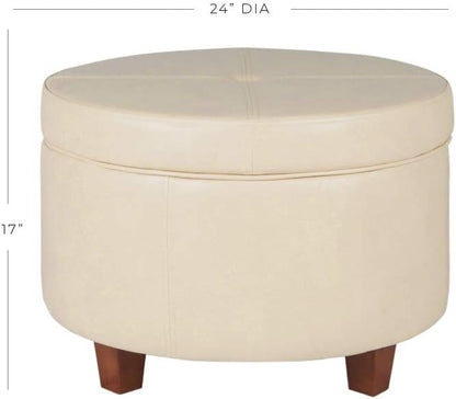 HomePop Large Leatherette Round Storage Ottoman with Removeable Lid, Cream Faux Leather
