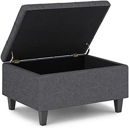 SIMPLIHOME Harrison 34 inch Wide Transitional Rectangle Small Coffee Table Storage Ottoman in Slate Grey Linen Look Fabric, Assembled, for the Living Room and Bedroom